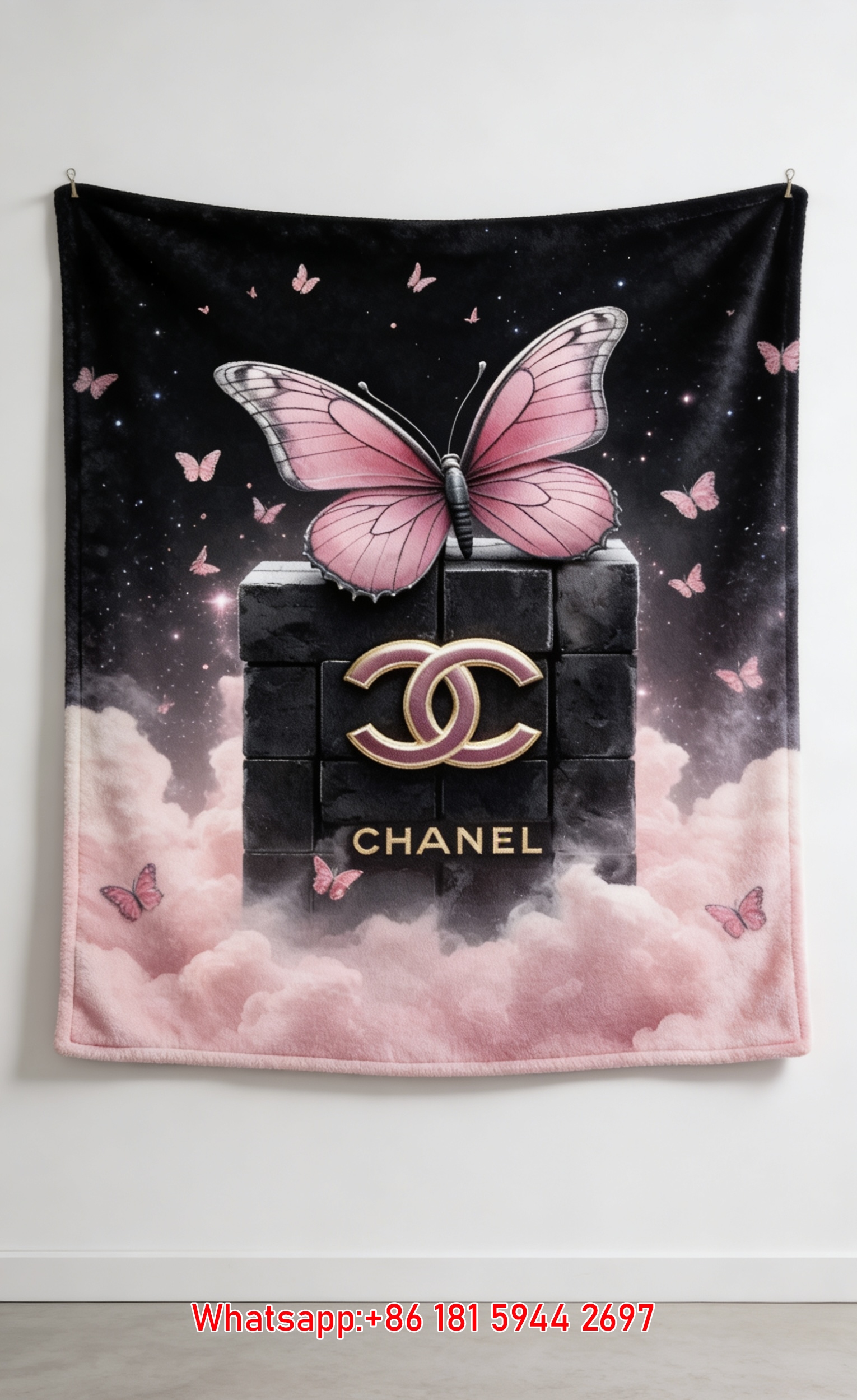 Pink Butterfly Chanel CC Logo Flannel Fleece Throw Blanket IMG_7232